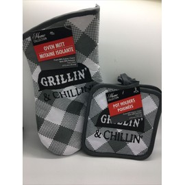 Kitchen 3 PC Set Kitchen Oven Mitt & 2 Pot Holders BBQ Grillin' & Chillin' Free Ship New