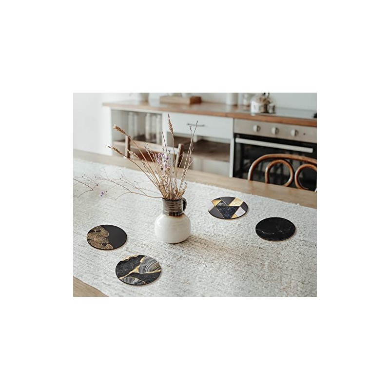 4 x Round Art Deco Coasters - Black Agate Marble