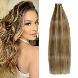 WindTouch Tape in Hair Extensions Human Hair Chocolate Brown to Caramel Blonde Remy Silky Straight Hair Extensions Tape in Skin Weft Natural 50g 20 Inch