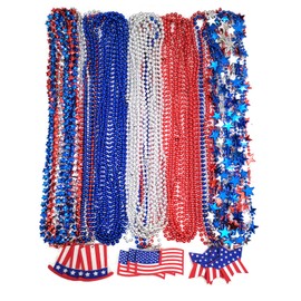 Dyhayaer 50 Pcs 4th of July Beads Necklaces Bulk, Metallic Red Bule Silver Patriotic Star Bead Necklaces for 4th of July Decoration, Independence Day, Patriotic Parade
