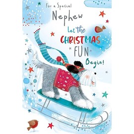 Nephew Christmas Card Cute Sledging Dog Robin 9" x 6" Lovely Verse