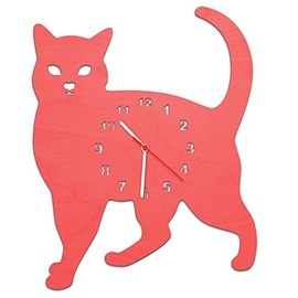 Children's Wooden Cat Wall Clock for Girls & Boys No Ticking Loud Silent Clock Mechanism 5 Colours 30 cm made in Germany, red