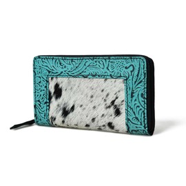 Merbaa Trifold Turquoise Cowhide Hair On and Tooled Leather Wallet - Handcrafted with Multiple Card Slots and Compartments