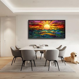 Quorin Boho Sun Large Wall Art Colorful Pictures Abstract Geometric Sun Sunset Sea Wall Decor Modern Canvas Print Painting Artwork for Bathroom Living Room Bedroom 36L x 24W
