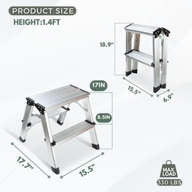 2 Step Ladder, Small Aluminum Folding Step Stool 330lbs, Lightweight Two Step Stool Dual-Sided with Widen Pedals by Glosiory, Portable Solid Handy Stool for Home, Kitchen, RV, SUV, Garage