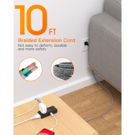 Extension Cord 10 ft, Flat Plug Power Strip, 4 Widely Outlets with 3 USB Ports (2 USB C), Extension Cord with Multiple Outlets for Home, Office, Dorm Room Essentials, Black