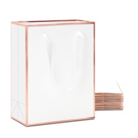 YACEYACE White Gift Bags Bulk, 10Pcs Luxury White Gift Bags with Ribbon Handles, Elegant Medium Gift Bags-Rose Gold Frame, Goodie Bags, Favor Bags