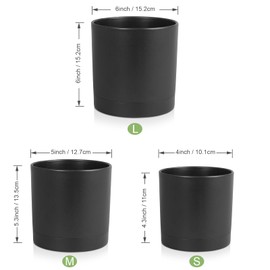 Meowell 6/5/4 inch Flower Pots, Set of 3 Cylinder Plant Pots for Small Indoor Outdoor Plants, Plastic Planters with Drainage Holes and Saucers for Garden Succulent Nursery House Plants, Black