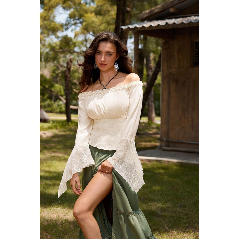 Renaissance Shirt for Women Off Shoulder Smocked Shirt Boho Lace