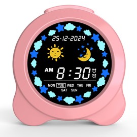Kids Alarm Clock, Sun & Moon LED Display with Day & Date, Children's Sleep Trainer with Night Light & Sleep Sounds, Cute Wake Up Clock for Kids Bedroom, Easy to Use Birthday Gift for Boy and Girls