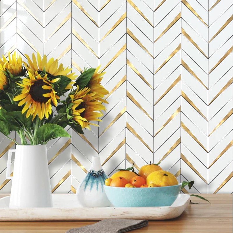 DICOFUN 10-Sheet Herringbone Tile Peel and Stick Backsplash, Polished White