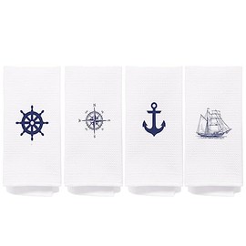 NEGIGA Nautical Ship Steering Wheel Compass Anchor Sailboat Dish Cloths Towels 24x16 Inch Set of 4,Nautical Decor Decorative Dish Hand Towels for Coastal House Kitchen,Sea Lover Gifts