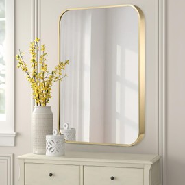 FARMER 24x36 Inch Gold Bathroom Mirrors for Wall, Brushed Brass Bathroom Vanity Mirror with Rounded Edge, Metal Framed Rectangle Mirrors for Bathroom, Hangs Horizontally or Vertically