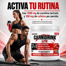 Preentreno Carnidrink Carnitina bebible en polvo | 7 en 1 | Carnitina Tartrato 1500mg, Cafeína, NAD+, Vinagre de Manzana, Vitamina C, Cetonas Fambruesa y Picolinato de Cromo | Pre Workout | para Hombres y Mujeres | TSN Testrol, 80 servicios, Ponche de Fr