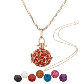 YoungJewl Essential Oil Diffuser Necklace Red Chrysanthemum Rhinestones Copper Aromatherapy Pendant Locket with 7pcs Lave Rocks Stone and 2pcs 27 Inch Gold Chain Jewelry for Women TeenGirls