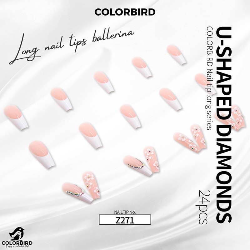 COLORBIRD Z271 Long Nail Tips, 24 Pieces, White, Flowers, Nail