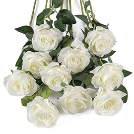 10 Rosas Artificiales de Seda Blanca, Tallo Largo para Hacer Bricolaje Ramo de Boda, Mesa de Centro de Mesa para decoración del hogar