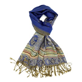 Achillea Reversible Bohemian Pashmina Ethnic Tribal Border Shawl Wrap Scarf (Royal Blue)