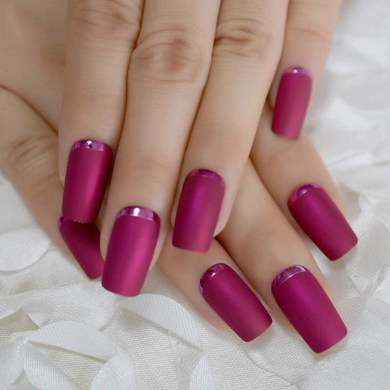 Slim Gorgeous Fake Nails Matte Rose Red with Metallic Moo