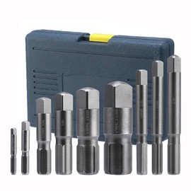 9PCS Broken Threaded Pipe Extractor, 1/8" to 1" Damaged Threaded Pipes, Fittings Screws, Broken Bolts Removal, Heavy Duty Steel Pipefitter Plumbers Tools, Long Bits
