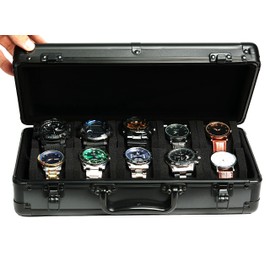 RIGICASE 10 slots Aluminum watch case, Hard Deluxe watch storage organizer box with soft foam padding snug fit watches up to 55mm face