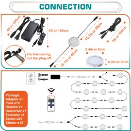 Lvyinyin Small LED Puck Lights for Uplight or Downlight, 120V Hardwired & Plug in Under Cabinet Lights Kit, RF Remote Control Dimmable, Daisy Chained Linkable, Black Wires, Daylight, 12 Lights