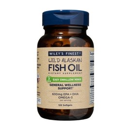 Wiley's Finest Wild Alaskan Fish Oil Easy Swallow Minis - Omega-3 for Adults and Kids - Double-Strength 630mg EPA and DHA Natural Supplement - 120 Mini Softgels (60 Servings)