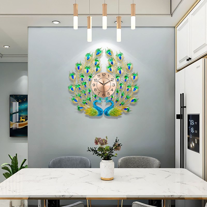 FMTAD Large Peacock Wall Clock Silent Non-Ticking,3D Creative Luxury Decorative