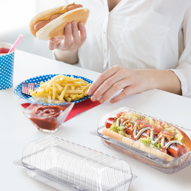 Funnymoom 60pcs Clear Plastic Hot Dog Tray with Hinged Lid