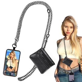 XANGNIER Clip and Go Strap for Phone with Wallet Crossbody, Phone Strap with Zippered Wallet, Adjustable Anti Theft Cellphone Lanyard for Women, Cellphone Chain Accessories,Chain Black