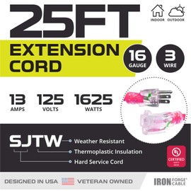 IRON FORGE CABLE 25 Ft Outdoor Extension Cord - 16/3 SJTW Durable Pink Cable with 3 Prong Grounded Plug for Safety