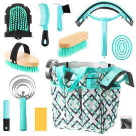 Abbylike 12 Piece Horse Grooming Kit with Organizer Tote Bag Brush Sets for Derby Day Show Horses Professional Tools for Care & Massage(Mint Green and Grey)