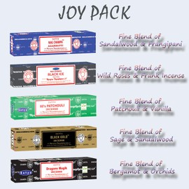 Satya Nag Champa Incense Sticks – 5 Pack Variety | Hand-Rolled Natural Agarbatti | All-Natural Scented Incense for Meditation, Yoga & Relaxation (Joy)