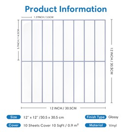 COMSTICKC White Peel and Stick Backsplash Kitchen, 10 Pcs 12''x12'',Glossy White Peel and Stick Tile Stickers Vinyl Backsplash Bathroom, Removable, Waterproof, Gray Grout