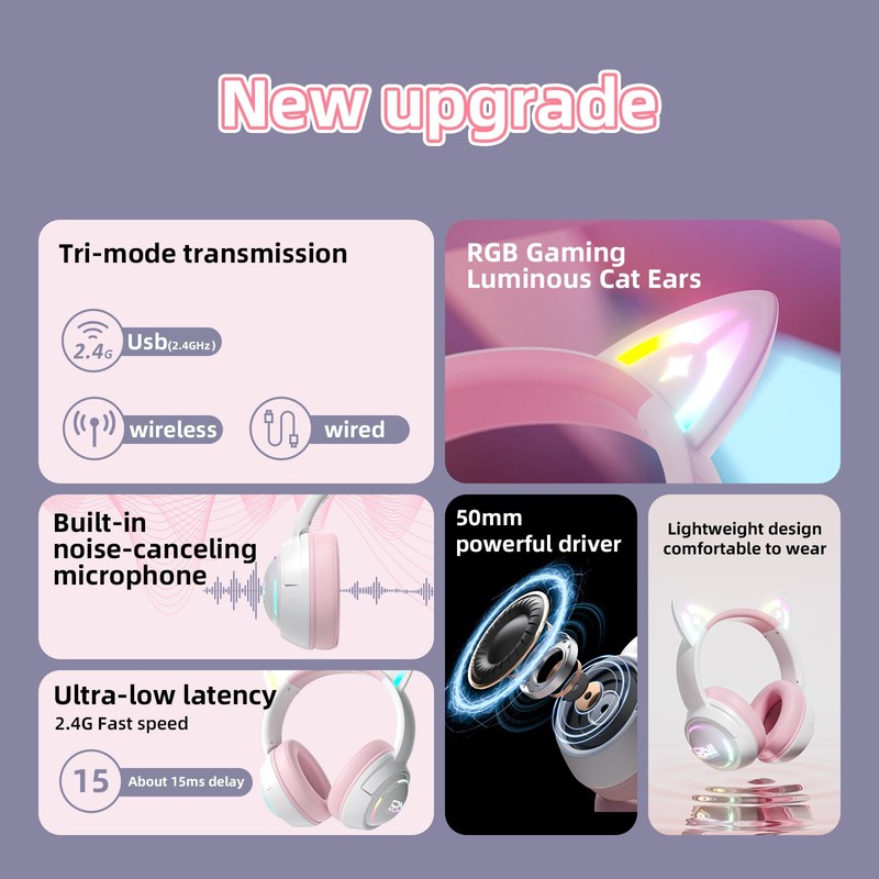 Wireless Cat Ear Headphones with RGB Lights – Tri-Mode Gaming
