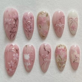 30Pcs Flower Press on Nails Almond Medium Length Fake Nails Floral Peach Blossom Bow Cute Cat Glossy Acrylic Glue Stick on Nail Full Cover Pink False Nail Reusable for Women Salon Manicure
