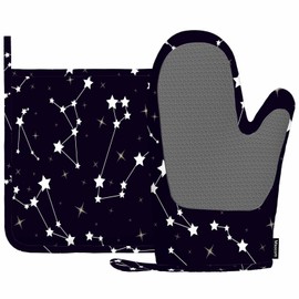 Mxocom Stars Oven Mitt and Pot Holder with Silicone Beautiful Cosmic Space Astronomy with Stars and Constellations on Night Starry Sky Heat Resistant Kitchen for Cooking BBQ Baking Grilling Spring