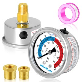 MEANLIN MEASURE 0-60psi Pressure Gauge, 2-Inch Dial Glycerine Filled Pool Filter, 304 Stainless Steel Housing, Center Back Mount, 1/4" NPT With 1/2" and 3/8" NPT Hex Bushing