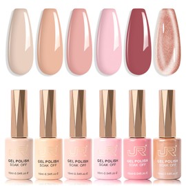 JR Gel Nail Polish Set, 16ml Full Size Bottle 6 Colors Nude Pink 9D Cateye Glitter Nail Gel Polish Gift Soak Off Led Nail Art Kit Salon DIY Colorful Bottle B
