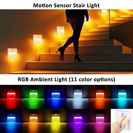 Guankai 8 Pack Rechargeable Motion Sensor Stair Light for Indoor, RGBW Battery Operated Closet Lights, Stick On Night Lamp, Motion Activated Magnetic Lighting Lamps for Step,Cabinet,Hallway,Bathroom