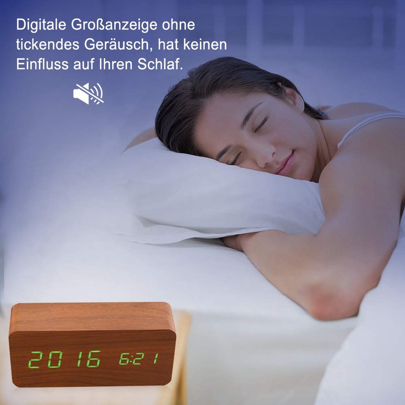 Wooden Digital Alarm Clock, Quiet LED Display, Adjustable Brightness/Sound Control,