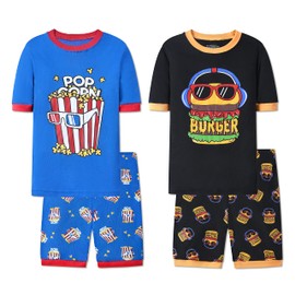 Joyond Boys Pajamas 4T for Toddler Clothes Kids Summer Cotton Sleepwear Short Sleeves 4 Piece Snug-Fit Pjs Set,Hamburger & Chips