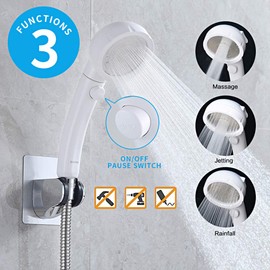 KAIYING Drill-Free High Pressure Handheld Shower Head with ON/OFF Pause Switch 3 Spray Modes Water Saving Showerhead , Detachable Shower-Head, (G:Shower Head (White)+Bracket+Hose)