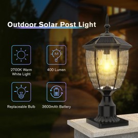 Jandov Solar Post Lights with Pier Mount Base, 17.3'' H 2700K Solar Lamp Post Light Waterproof, Dusk to Dawn Pole Lights Outdoor for Garden Patio Yard Pathway Gate, Remote Control, Black(Warm White)