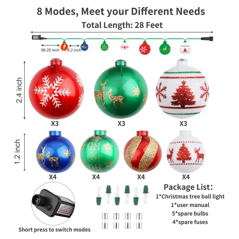 itayak Christmas Ball Ornament Lights, 28ft 25 Bulbs Christmas Tree