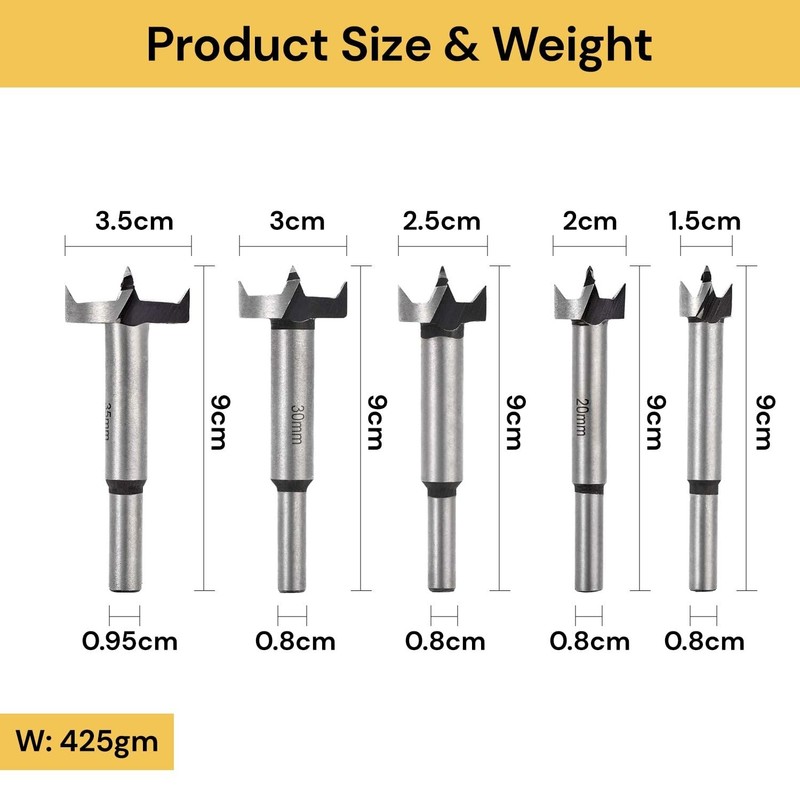EZONEDEAL 5PCS forstner bit Set /15-35mm High Carbon Steel Long