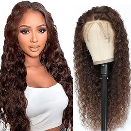 Weeybay Real Hair Wig for Women Wigs Water Wave Human Hair Wig 4x4 Lace Closure Chocalate Brown 150% Density Unprocessed Remy Hair Glueless for Woman 34 Inches