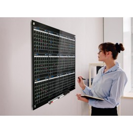 Real Glass Dry Erase Yearly Calendar, Giant Size 34" x 46", Tempered Glass Surface, Frameless Wall Mount, With 4 Assorted Color Markers and Eraser, by Better Office Products (Jet Black)