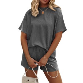 Ekouaer Womens Pajama Sets Short Sleeve Lounge Sets 2 Piece Pjs Tops & Shorts Outfits Matching Loungewear with Pockets Dark Grey