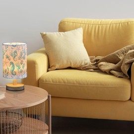 Nautical Seahorses Starfish Coral Blue Bedside Table Lamps with USB Port for Bedroom LampSmall Nightstand Lamp Sturdy Linen Shade Wooden Base Decorative Lamps for Nursery Kids Reading Dorm Home